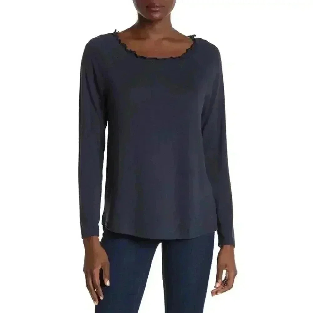 Gibson Ruffled Edge Raglan Pullover Navy‎